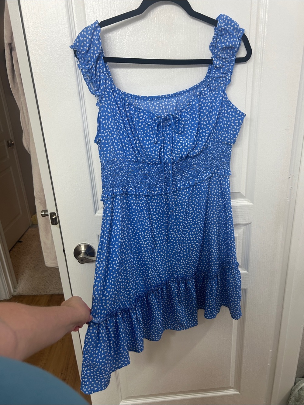 Blue Smocked Ruffle Dress with White Dot Print
